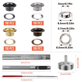 PMELCXD 5MM Grommet Tool Kit, with 440pcs Metal Brass Eyelets& Extra Grinding Rod, 4 Colors Eyelet Punch Kit, for Tarpaulins, Canvas, Leather, Fabrics