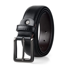 Maikun Mens Black Leather Belt, Casual Dress Belts for Men, Classic Pin Buckle Design, Black Buckle, Size S