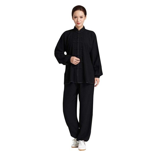 Unisex Adult Tai Chi Uniform Chinese Traditional Martial Arts Kung Fu Suit Cotton Linen Long Sleeve Tang Suit (Black, L)
