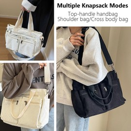 KAMEILONG Womens Casual Corduroy Tote Bags with Multiple Pockets Hobo Crossbody Bag Travel Shoulder Bags Cute Purse Handbag (Pink Cherry)