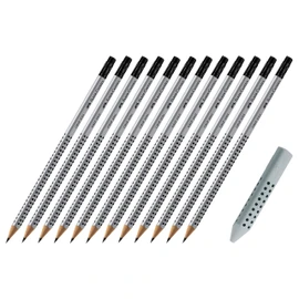 Faber-Castell Grip 2001 HB Pencil with Eraser Tip Pack of 12 & Triangular Eraser Grip 2001, Grey
