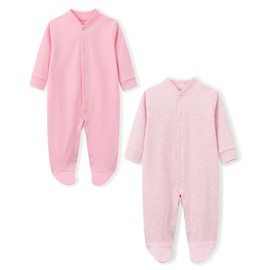 BINIDUCKLING Baby Boys Girls Snap-Up Sleepsuit, Cotton Baby Footed Pajamas - Long Sleeve Baby Grows Sleepwear for 9-12 Months, Pink and Pink with White Spot