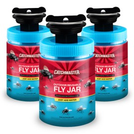 Catchmaster Outdoor Reusable Fly Traps Outdoor with Bait Included – 3 Non-Toxic, Pet Safe Hanging Fly Jars – Bug Catchers for Yard, Patio & Trash – Sets Up in Seconds