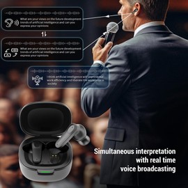 Bluetooth Translation Headphones, 144 Language Translator Earbuds, Real Time Transcription, Dual Microphone, Wireless Translator Earbuds for Conferences, Travel