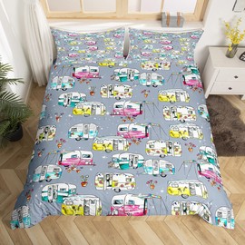 Camper Van Bedding Duvet Cover Set Kids Happy Camping Bedding Set Boys Girls Nature Farmhouse Glitter Decor Comforter Cover Set Microfiber Bedspread Cover Bedroom Bedclothes Double Size