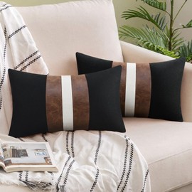 JASEN Set of 2 Faux Leather Pillow Cover 12x20, Black and White Decorative Throw Pillow Covers Brown Modern Stripe Accent Cushion Cover Couch Bed Sofa