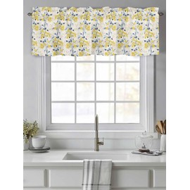 YOKOU Floral Curtain Valance, Blue Leaves Yellow Berries Summer Farm Plant Print Short Rod Pocket Window Treatment for Kitchen, Bathroom, Living Room, Bedroom, 1 Panel, 54" W x 18" L