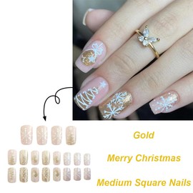24Pcs Christmas Press on Nails Medium Square Fake Nails Glitter Gold Snowflake Glue on Nails Xmas Tree Design Christmas Nails Winter False Nails Pink Artificial Nails for Women Acrylic Nails Supplies