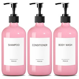 GMISUN Glass Pink Soap Dispenser Bottles, Pink Soap Dispenser Bathroom, Pink Bathroom Decor Accessories, Hot Pink Bathroom Decor Accessories Set, Light Pink and Black Bathroom Set, 3 Pack (Pink)