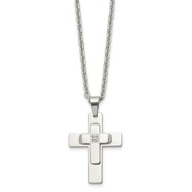 Auriga Fine Jewelry Stainless Steel Polished with Cubic Zirconia Cross Pendant on a Cable Chain Necklace 22"
