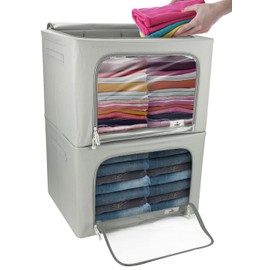 Sorbus Storage Bins, Foldable Stackable Container Organizer Set with Large Window & Carry Handles, Bedroom Closet Organization for Bedding, Linen, Clothes (Gray)