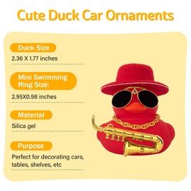 wonuu Car Dashboard Ducks, Saxophone Decor Rubber Duck Car Ornaments with Mini Top Hat Necklace Sunglasses (Red)