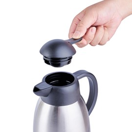 Restaurantware-Restpresso 67.6 Ounce Vacuum Insulated Coffee Carafe/Server, 1 Double Walled Coffee Decanter - Push - Button, Label Tags, Silver Stainless Steel Hot Beverage Dispenser