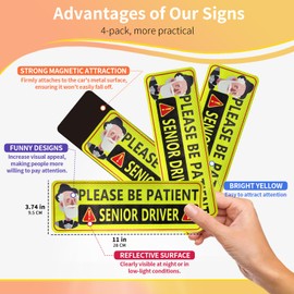 Senior Driver Car Magnet,Old Driver Bumper Stickerr 4 Pack Reflective Sticker for Car Please be Patient Old People Gifts for Grandpa