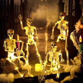 5 Pack Esqueletos con luz Halloween,Esqueletos Halloween Decoracion 16 Pulgadas,Esquelet de Cuerpo Completo con Articulaciones Móviles,Casa Embrujada, Fiesta