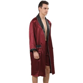 Haseil Men's Luxurious Kimono Robe with Shorts Silk Satin Bathrobes Lightweight Long Sleeve Sleepwear Set, Winered, TagsizeS=USsizeS