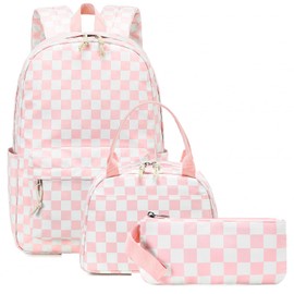 Bluboon Teen Girls School Backpack Kids Bookbag Set with Lunch Box Pencil Case Travel Laptop Backpack Casual Daypacks (Pink white checkered)