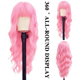Pink Wig With Bangs Hot Pink Wigs for Women 26nch Heat Resistant Synthetic Hair, Natural Curly Synthetic Wig for Party Cosplay Daily Use