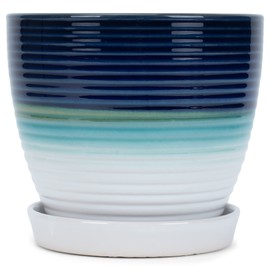 Napco Ribbed Ceramic Pot with Tri-Color Cobalt Blue, Aqua and White Glaze for Indoor Plants Planter with Saucer, 5.5 x 6 Inch