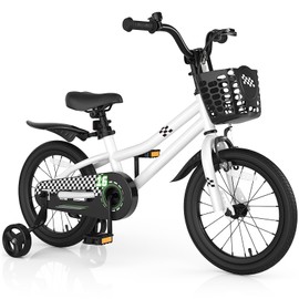 HONEY JOY Kids Bike, 14 16 18 Inch Toddler Bikes w/Training Wheels & Handbrake, Steel Frame, Fully Enclosed Chain, Adjustable Handlebar & Seat (16 Inches, White, Chessboard Pattern)