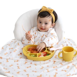 LoLaBi Coverall Long Sleeve Baby Weaning Bib with Zipper (Giraffe, White) for highchair, waterproof toddler feeding bibs compatible with suction dishware