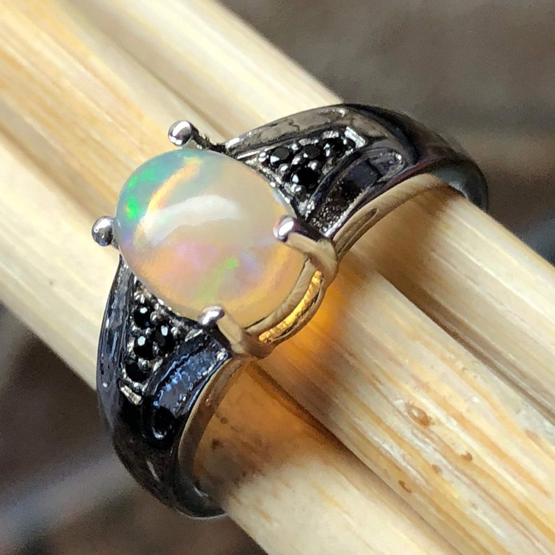 Genuine Ethiopian Opal Cabochan, Black Spinel 925 Solid Sterling Silver