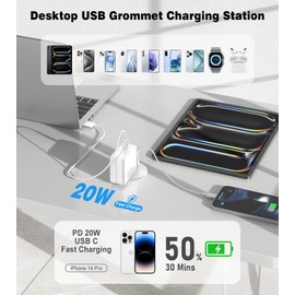 Desk Grommet Power Outlet, 2.5 inch Desktop Recessed Outlet with 20W Fast Charging USB-C Port, Flush Mount Outlet for Conference Rooms, Office Tables, Furniture (White, 10FT)