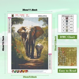 ZEELANNA Diamond Painting Adult 30 x 40 cm 5D Diamond Painting Elephant, DIY Painting Diamond Mother and Elephant Baby, Diamond Painting Pictures Craft Home Bedroom Living Room Wall Decoration