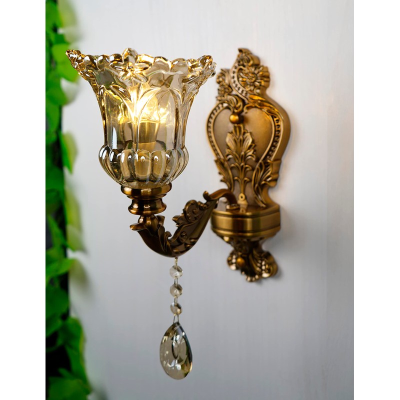 Aeyee Vintage Wall Sconce, Antique Brass Wall Light, Crystal Floral