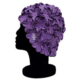 Blue Reef Isla Floral Ladies Classic Retro 3D Flower Petal Dark Plain One Colour Stylish Vintage Swimming Hat Swim Cap Generous One Size Adults (Purple)