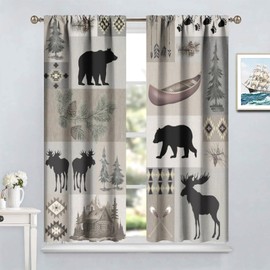 Rustic Bear Moose Deer Curtains, Retro Pine Tree Cabin Country Lodge Camping Window Treatments Vintage Tribal Aztec Abstract Geometric Blackout Window Drapes for Bedroom Living Room 42x45in