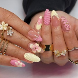 24Pcs Pink French Tip Press on Nails Medium Almond Fake Nails with 3D Flower Gold Beads Designs Stick on Nails Summer Floral False Nails Cute Acrylic Nail Glossy Gel Flower Glue on Nail for Women