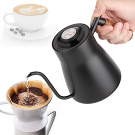 Fdit 850ml Stainless Steel Tea Kettle Drip Over Coffee Kettle Teakettles with Wooden Handle(with Thermometer)