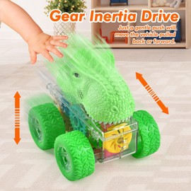 Dinosaur Toy Cars for Kids, 2 Pack Monster Trucks 360° Rotation Friction Powered Off-road Vehicles Inertia Toy Cars, Pull Back Cars with Light, Christmas Birthday Gifts for 3+ Years Old Boys Girls