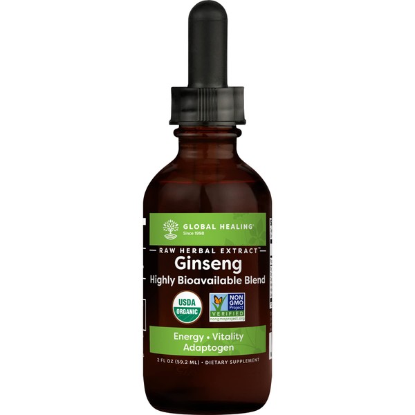 Global Healing Ginseng - Organic Raw Herbal Extract - Liquid Supplement Drop Promotes Energy - Korean (Panax), Siberian, Maca, Ashwagandha - Non-GMO - 2 Fl Oz