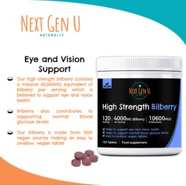 Bilberry Supplement – 120 High Strength Vegan Bilberry Tablets | 4000mg Bilberry Extract per Serving | Helps Support Eye and Vision Health | Blueberry 10600MUG Anthocyanins | No Additives Gluten Free
