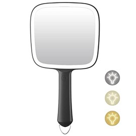 Famihomii Espejo de mano iluminado portátil y ligero, 6.2 x 5.9 pulgadas, 3 colores de luz, negro mate, resistente, multiusos, colgante, para maquillaje, peinado, afeitado o viajes
