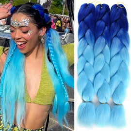 Royota Ombre Braiding Hair Synthetic Jumbo Braiding Hair Extensions For Braids High Temperature Synthetic Crochet Braid in Hair Extension(3 Packs 24 Inch, Blue/Sky Blue)