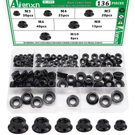 Aienxn 136PCS 6 Metric Sizes Black Carbon Steel Hex Flange Nuts Assortment Kit -M3, M4, M5, M6, M8, M10