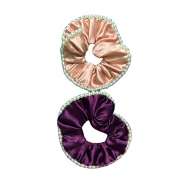 Elegant Satin Pearl Embedded Hair Scrunchies with Pearl Beads for Women – Pack of 2, Premium Satin Elastic Hair Bands for Stylish – Ideal for Weddings & Parties (Purple & Peach)