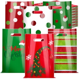 Sinmoe 200 Pcs Plastic Christmas Bags Bulk Christmas Merchandise Bag with Handles 9 x 12 Reusable Xmas Gift Treat Pouch for Shopping Retail Business Party Favors (Red Green, Green Elf Pattern)
