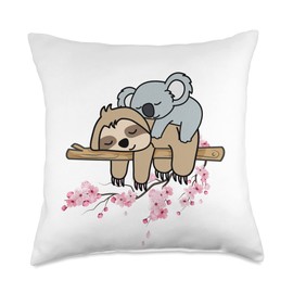 SILKY SUTERA Cute Sloth & Koala Hugging Napping in Sakura Cherry Blossom Throw Pillow, 18x18, Multicolor