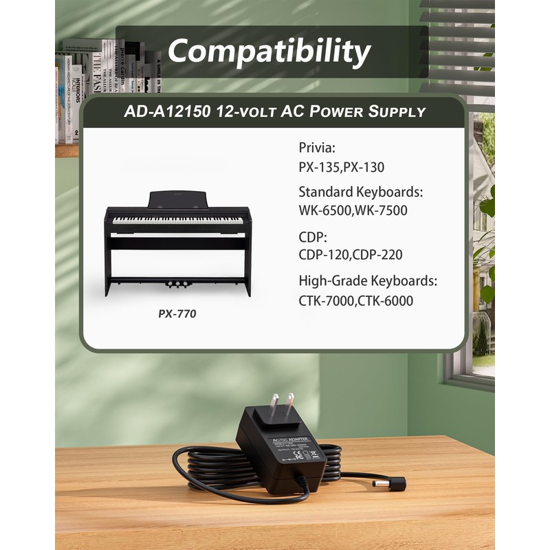 12V AD-A12150LW for Casio Privia Power Cord Compatible with Casio