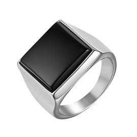 JewelryWe Jewellery Men's Ring, Stainless Steel Square Signet Rings, Band Rings, Punk Wedding Engagement Rings with Engraving, Silver Black, Size 54 to 67., Stainless Steel, silver black