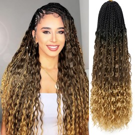 Miuric Boho Box Braids Crochet Hair for Black Women 24 Inch 7 Packs Goddess Box Braids Crochet Hair Pre-Looped with Curly Ends Ombre Bohemian Synthetic Briading Hair Extensions,1B/30/27