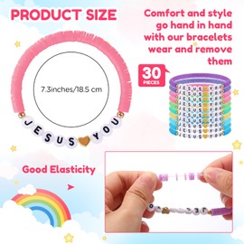 Landical 30 Pcs Jesus Loves You Bracelets Bulk Friendship Bracelets Clay Bead Christian Wristbands for Kids Religious Jesus Loves You Wristbands Halloween Christmas Sunday(Pastel)