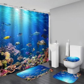 4-Piece Sunlight Sea Fish Ocean Theme Bathroom Set with Rugs Shower Curtain 12 Hooks-Machine-Washable Blackout Polyestercolor: Deep Blue, length: 71in, width: 71in