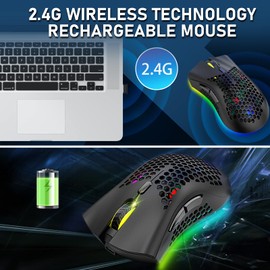 Wireless Lightweight Gaming Mouse Honeycomb with 7 Button Multi RGB Backlit Perforated Ergonomic Shell Optical Sensor Adjustable DPI Rechargeable 800 mAh Battery USB Receiver for PC Mac Gamer(Black)