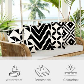 IcosaMro Outdoor Waterproof Cushion Covers for Garden Bench, Set of 4 18"x 18" Decorative Pillows Black and White Boho Throw Pillow Covers Pillowcase