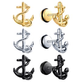 INFINIONLY Men's Women's Stainless Steel Earrings Studs Round Statement Earrings for Boy's Anchor Studs Creative Stainless Steel Jewellery, 3 Pairs